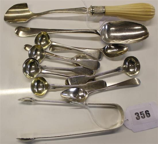 Wm Hutton & Sons silver & ivory Stilton scoop & sundry mainly Georgian silver spoons & pair sugar tongs